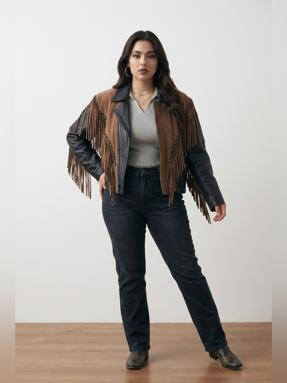 Vintage Leather & Suede Fringe Jacket – Black/Brown Western Biker (L)